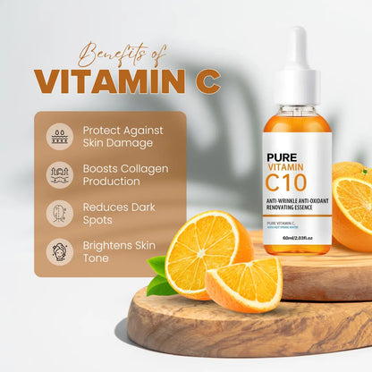 Infographic highlighting the natural benefits of our Vitamin C Serum, including protecting against skin damage, boosting collagen production, and brightening skin tone.