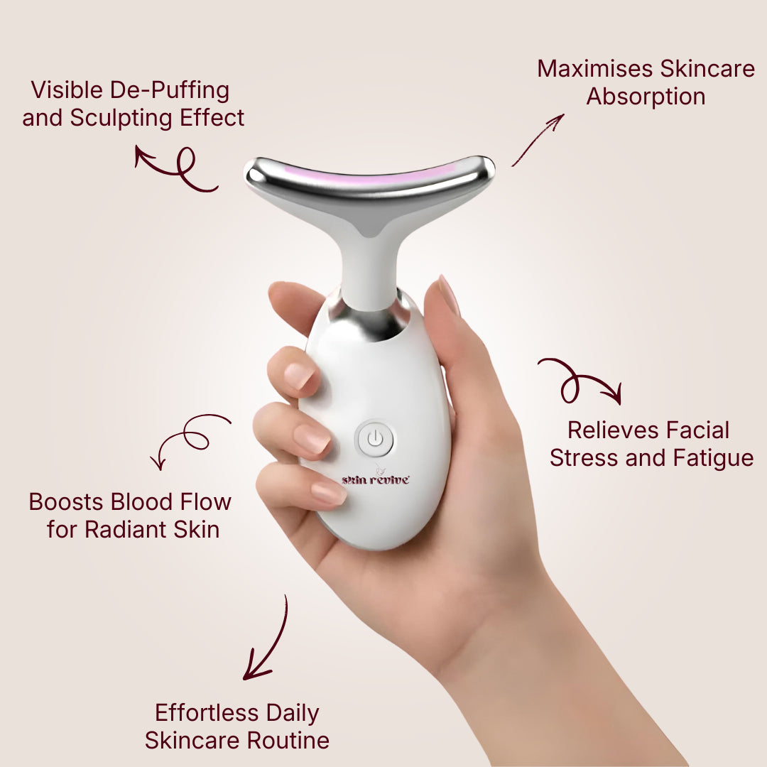 Hand holding a facial massager LED tool, demonstrating ergonomic grip for de-puffing and maximising skincare absorption.
