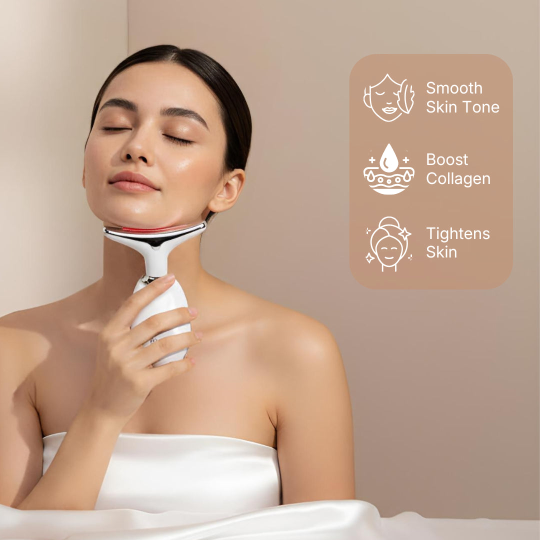 Skin Revive user demonstrating neck lifting massage with key benefits highlighted: Smooth skin tone, Boost collagen, and Tightens skin.