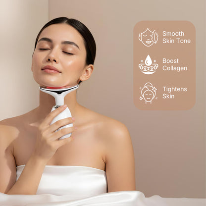 Skin Revive user demonstrating neck lifting massage with key benefits highlighted: Smooth skin tone, Boost collagen, and Tightens skin.
