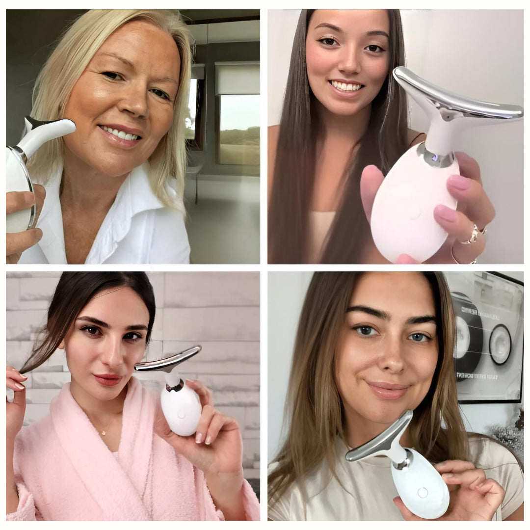 Collage of diverse UK women from young to mature ages holding their Skin Revive LED face lifting devices, sharing positive feedback and glowing skin results.