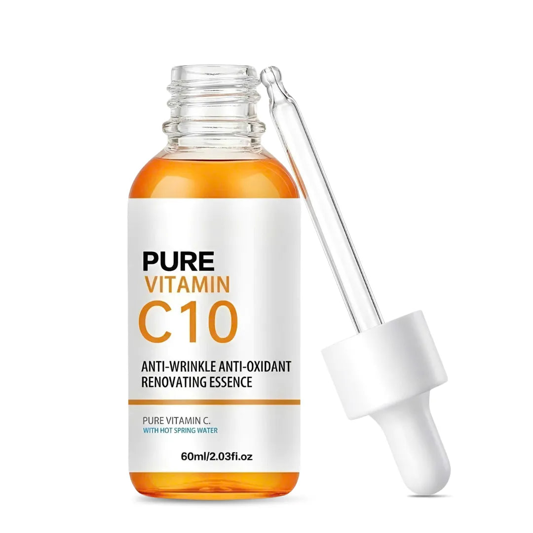 Pure Vitamin C Serum bottle with a glass dropper by Skin Revive UK, an anti-wrinkle and antioxidant renovating facial essence.