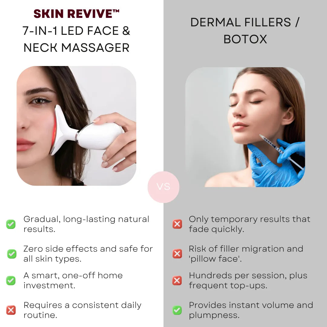 Comparison chart showing Skin Revive 7-in-1 LED Face and Neck Massager as a natural, safe alternative to expensive dermal fillers and botox for lifting sagging jowls.